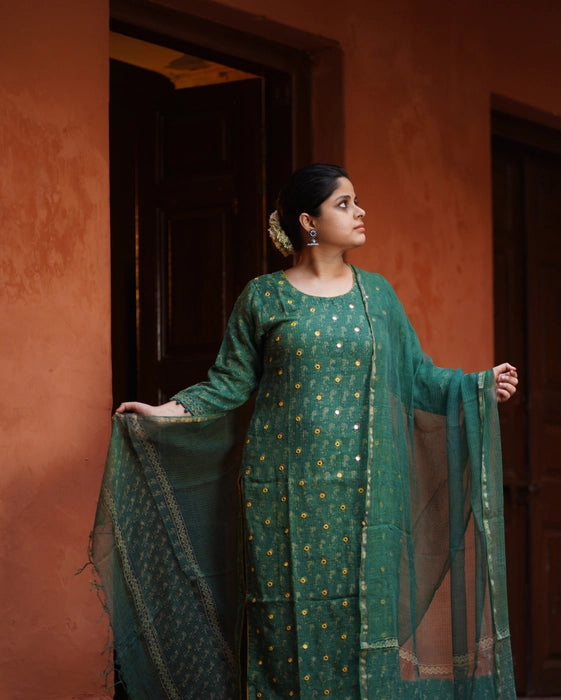 KOTA DORIA MIRROR WORK KURTA DUPATTA SET GREEN