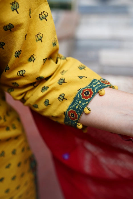 YELLOW KAMAL MIRROR EMBROIDERED PATCHWORK AJRAKH KURTA