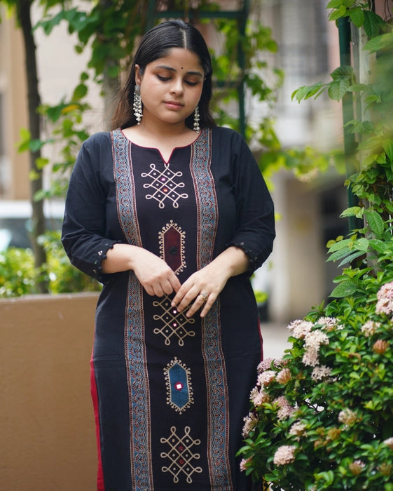 KAVERI KOLAM INSPIRED MIRROR WORK AJRAKH KURTA