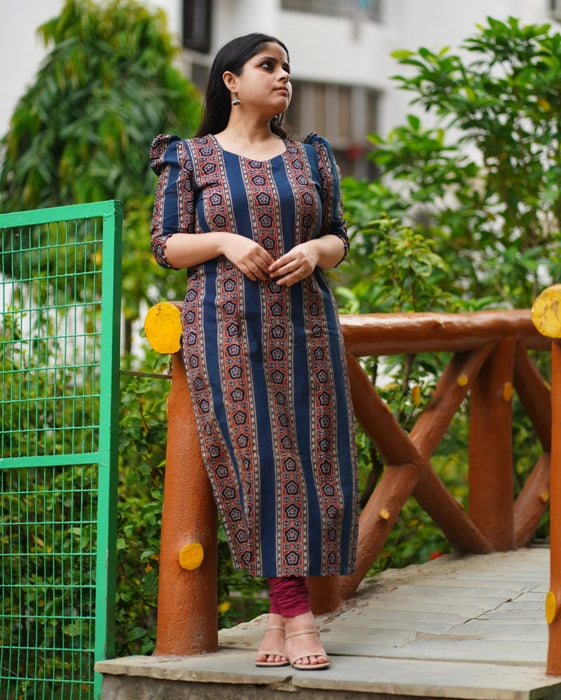 CHENAB PUFF SLEEVE AJRAKH KURTA