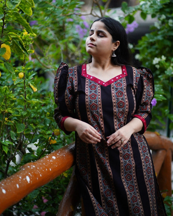 BEAS PUFF SLEEVE MIRROR WORK AJRAKH KURTA