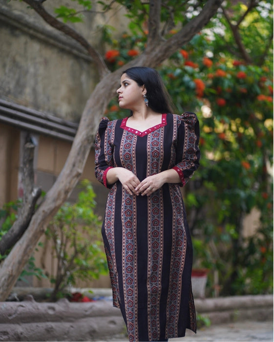 BEAS PUFF SLEEVE MIRROR WORK AJRAKH KURTA