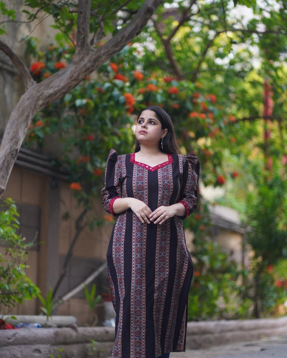 BEAS PUFF SLEEVE MIRROR WORK AJRAKH KURTA