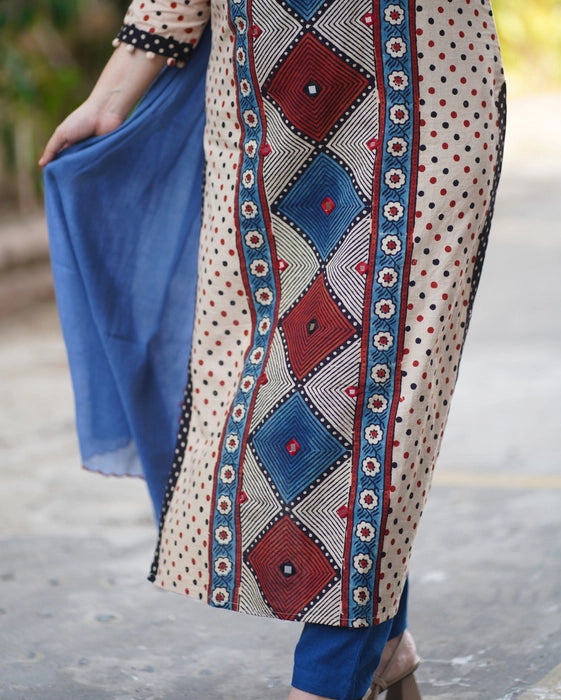 FIROZA POLKA DOT AJRAKH PRINTED MIRROR WORK KURTA