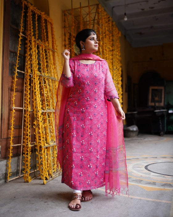 KOTA DORIA MIRROR WORK KURTA DUPATTA SET PINK