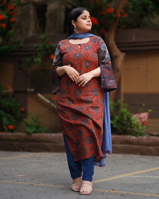 LANELA KAFTAN STYLE MIRROR WORK AJRAKH KURTA