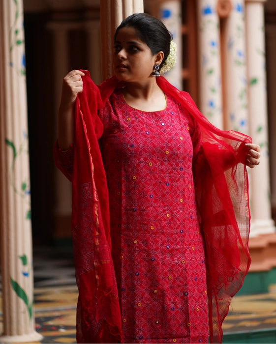 KOTA DORIA MIRROR WORK KURTA DUPATTA SET RED