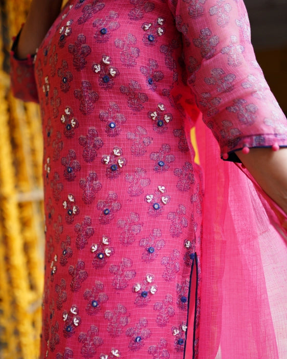 KOTA DORIA MIRROR WORK KURTA DUPATTA SET PINK