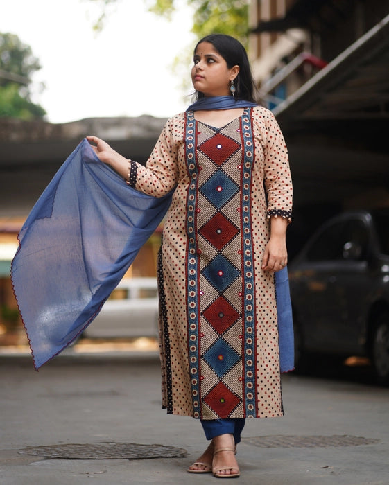 FIROZA POLKA DOT AJRAKH PRINTED MIRROR WORK KURTA