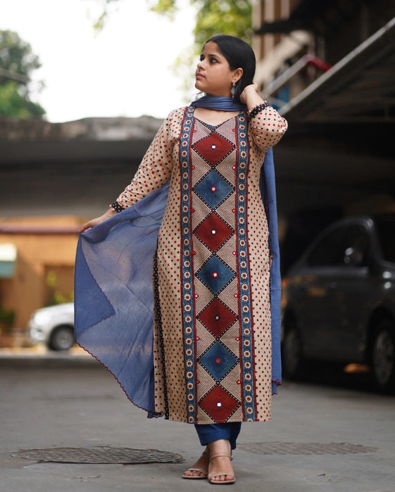 FIROZA POLKA DOT AJRAKH PRINTED MIRROR WORK KURTA