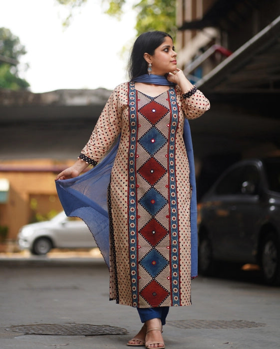 FIROZA POLKA DOT AJRAKH PRINTED MIRROR WORK KURTA