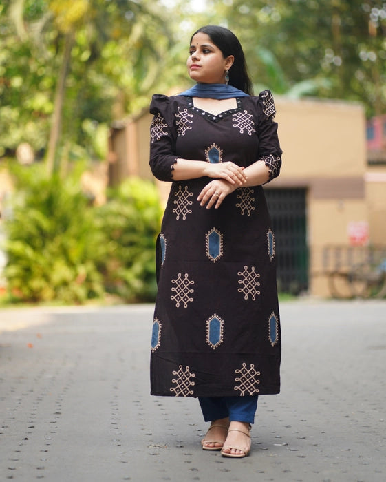 KOLAM INSPIRED PUFF SLEEVE MIRRORWORK AJRAKH KURTA