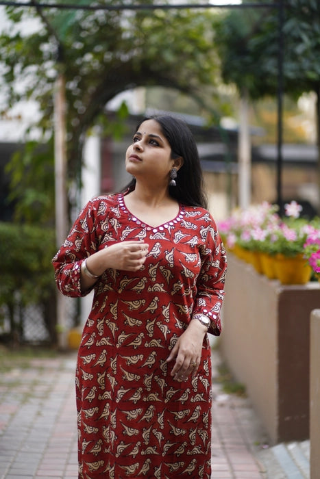 MIRROR WORK BAGRU PRINTED KURTA PAKHI