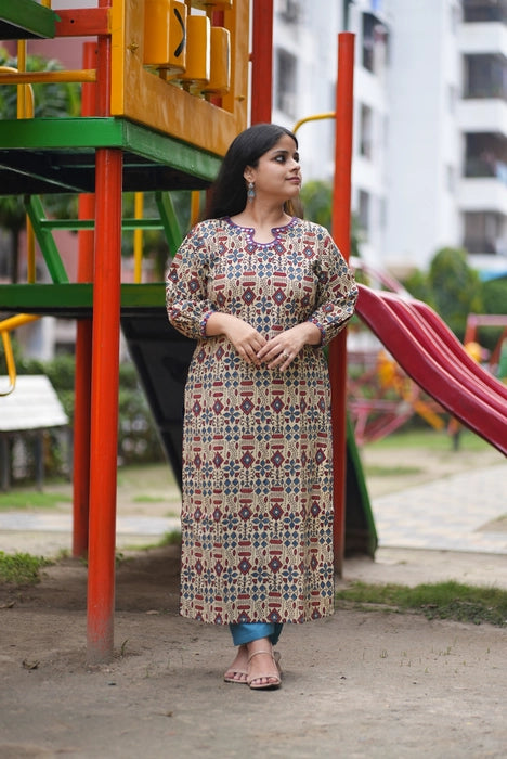 BEIGE PUFF SLEEVE MIRROR WORK AJRAKH KURTA