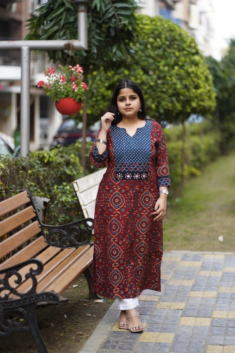 KUTCH MIRROR WORK AJRAKH KURTA MADDER RED