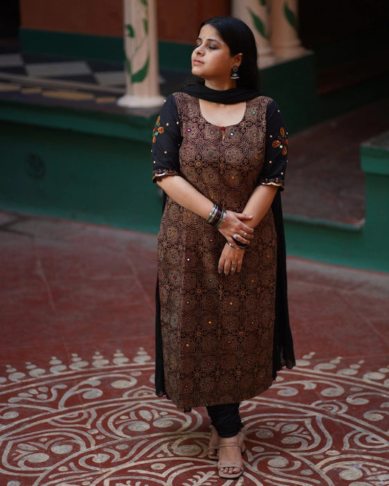 HEER REAL MIRROR WORK AJRAKH KURTA