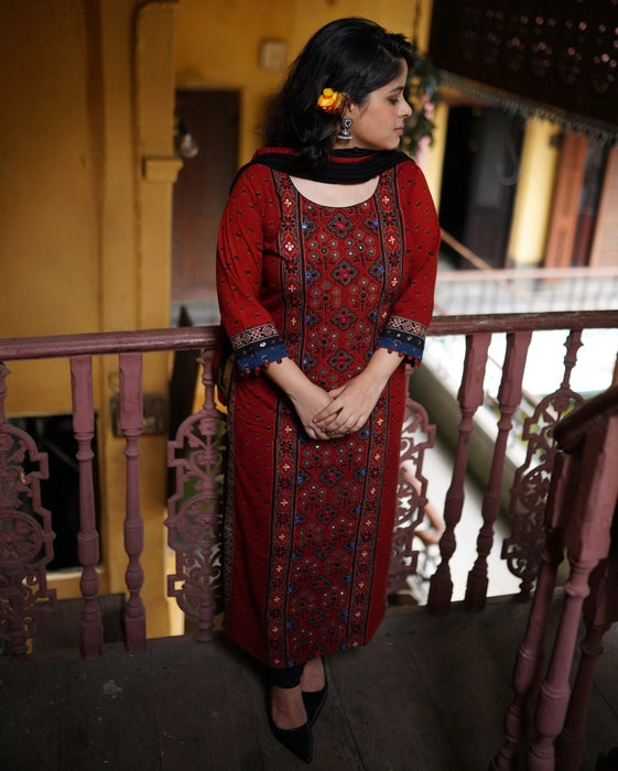 LAAL KAMAL MIROOR WORK AJRAKH KURTA