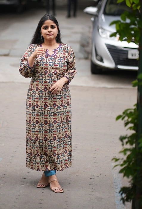 BEIGE PUFF SLEEVE MIRROR WORK AJRAKH KURTA