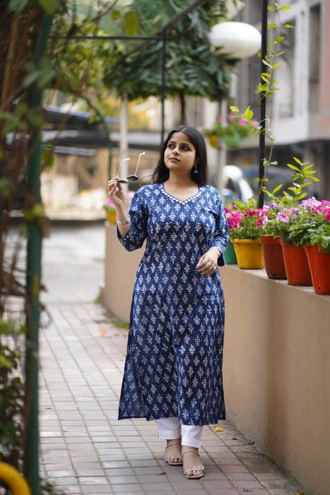 INDIGO MIRROR WORK BAGRU PRINTED KURTA