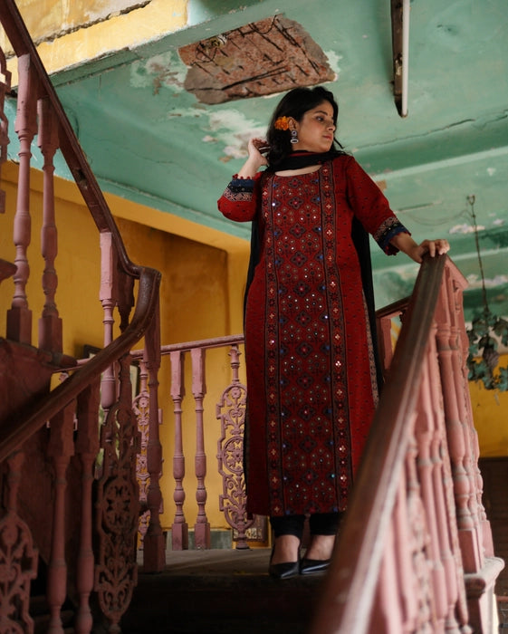 LAAL KAMAL MIROOR WORK AJRAKH KURTA