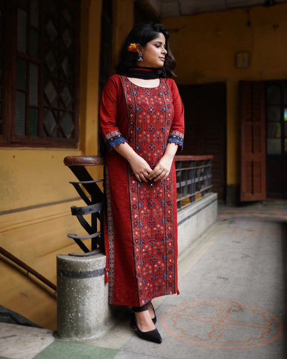 LAAL KAMAL MIROOR WORK AJRAKH KURTA