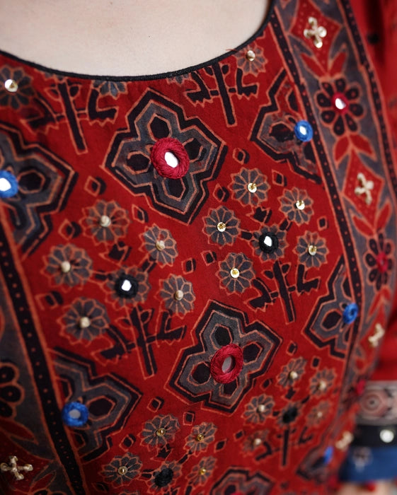LAAL KAMAL MIROOR WORK AJRAKH KURTA