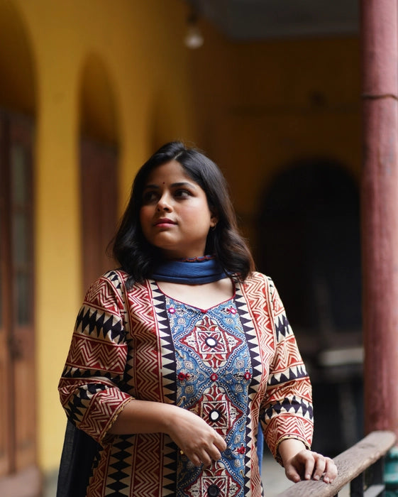 MIRZA MIRROR WORK AJRAKH KURTA