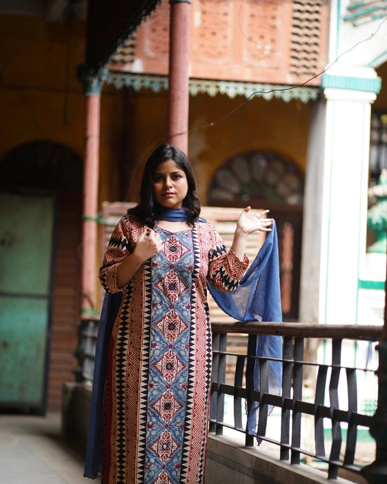 MIRZA MIRROR WORK AJRAKH KURTA