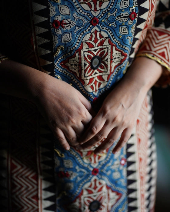 MIRZA MIRROR WORK AJRAKH KURTA