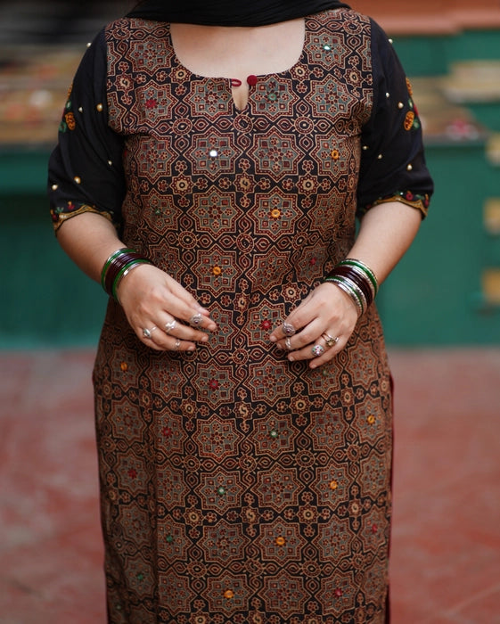 HEER REAL MIRROR WORK AJRAKH KURTA