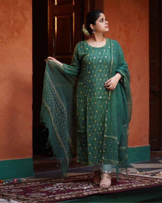 KOTA DORIA MIRROR WORK KURTA DUPATTA SET GREEN