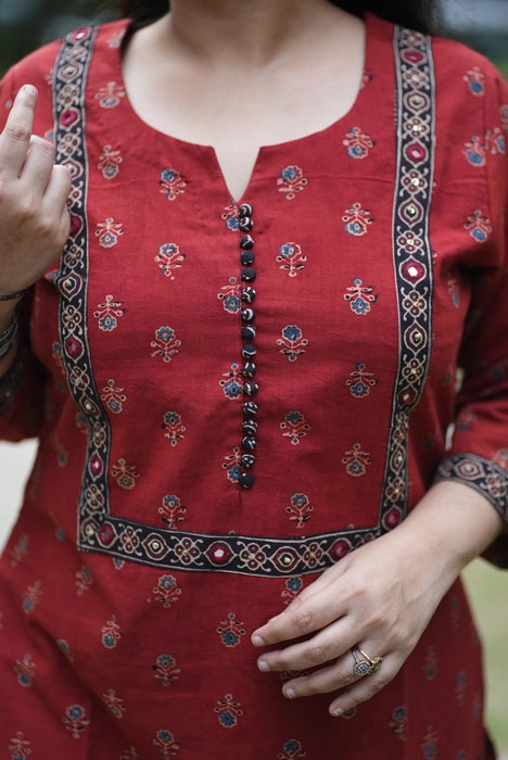 MADDER RED MIRROR WORK AJRAKH KURTA