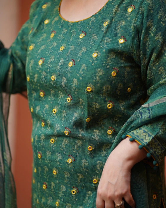 KOTA DORIA MIRROR WORK KURTA DUPATTA SET GREEN