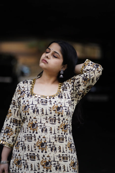 MIRRIR WORK BAGRU PRINTED KURTA HATHI GHODA PALKI