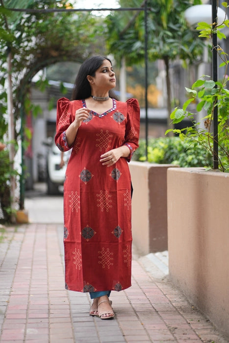 AMARAN PUFF SLEEVE MIRROR WORK AJRAKH KURTA