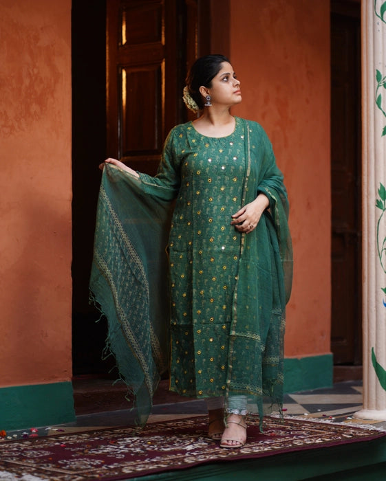 KOTA DORIA MIRROR WORK KURTA DUPATTA SET GREEN