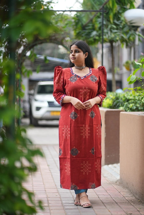 AMARAN PUFF SLEEVE MIRROR WORK AJRAKH KURTA