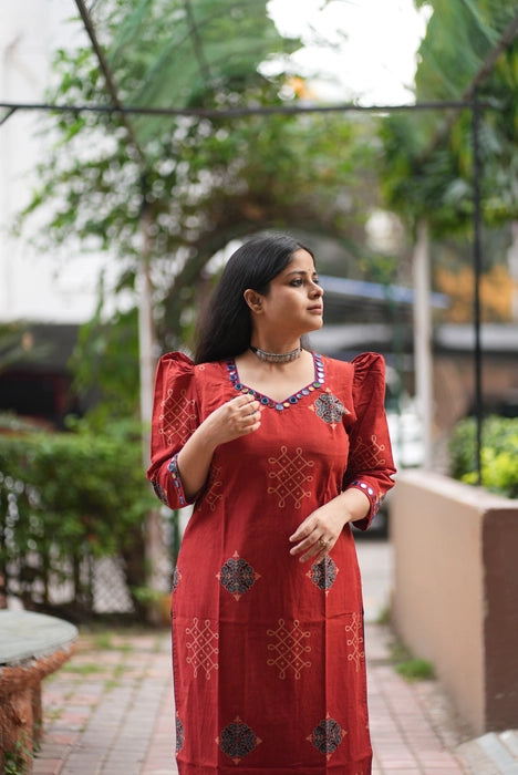 AMARAN PUFF SLEEVE MIRROR WORK AJRAKH KURTA