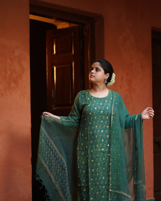 KOTA DORIA MIRROR WORK KURTA DUPATTA SET GREEN