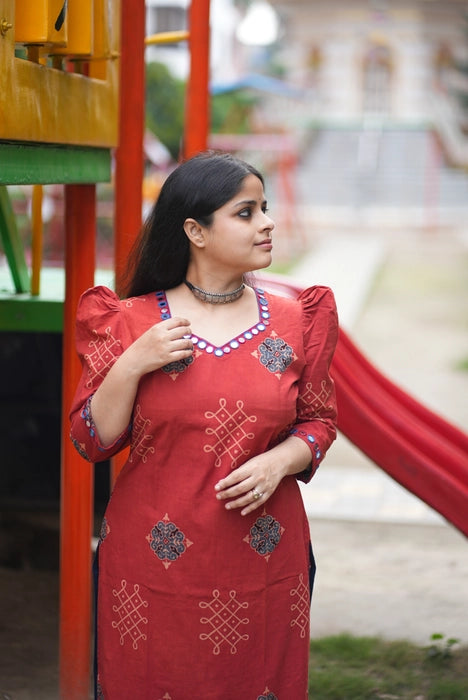 AMARAN PUFF SLEEVE MIRROR WORK AJRAKH KURTA