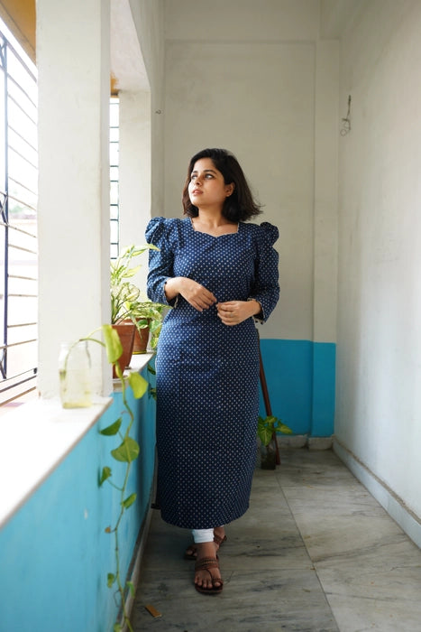 POLKA DOT PUFF SLEEVE AJRAKH KURTA INDIGO BLUE