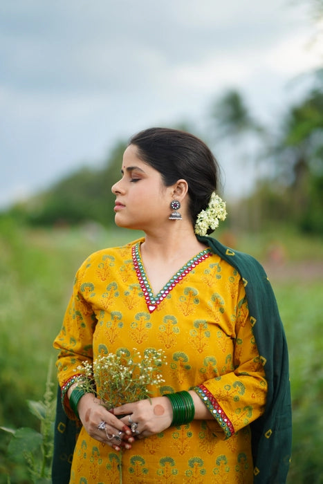 HOLUD PHOOL MIRROR WORK AJRAKH KURTA