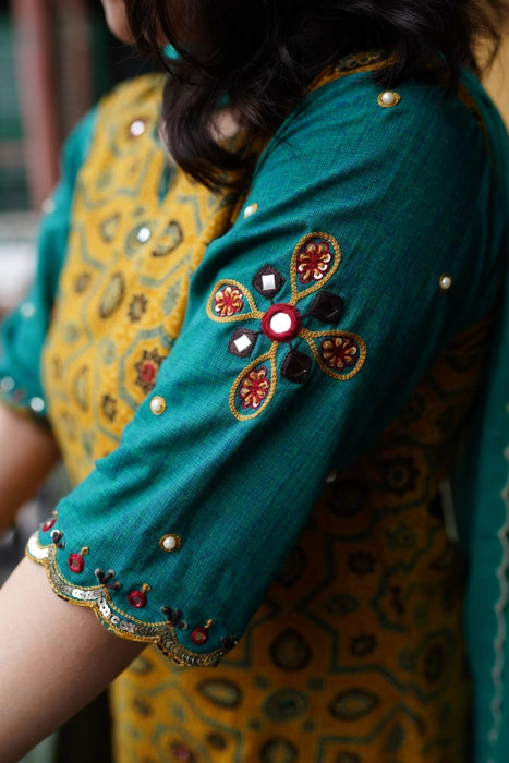 BHOOMI MIRRORWORK AJRAKH KURTA YELLOW TEAL BLUE