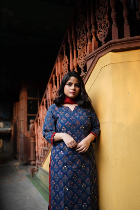 NEELAM MIRROR WORK AJRAKH KURTA