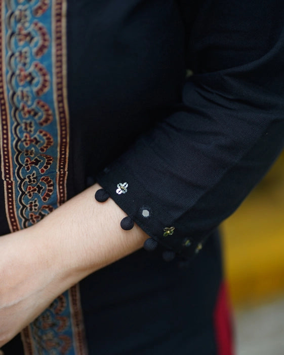 KAVERI KOLAM INSPIRED MIRROR WORK AJRAKH KURTA