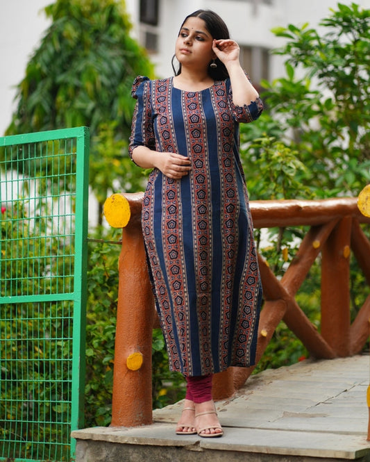 CHENAB PUFF SLEEVE AJRAKH KURTA