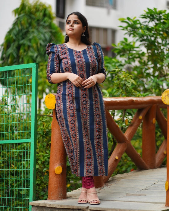 CHENAB PUFF SLEEVE AJRAKH KURTA