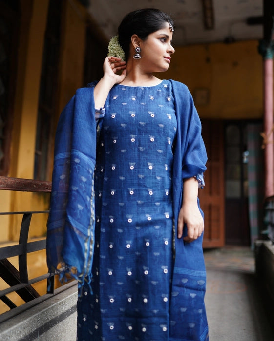 KOTA DORIA MIRRORWORK KURTA DUPATTA SET INDIGO BLUE
