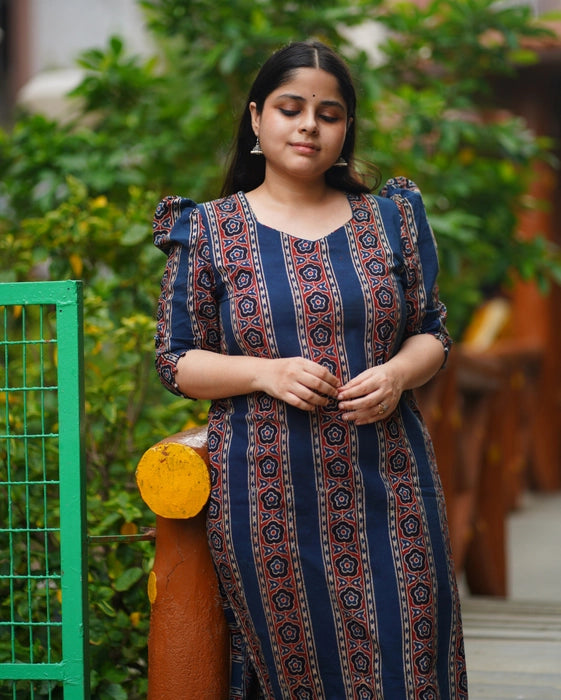 CHENAB PUFF SLEEVE AJRAKH KURTA