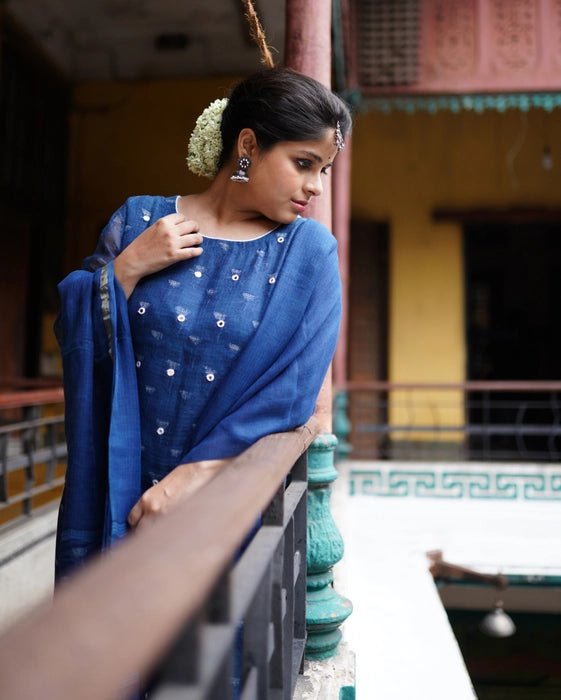 KOTA DORIA MIRRORWORK KURTA DUPATTA SET INDIGO BLUE